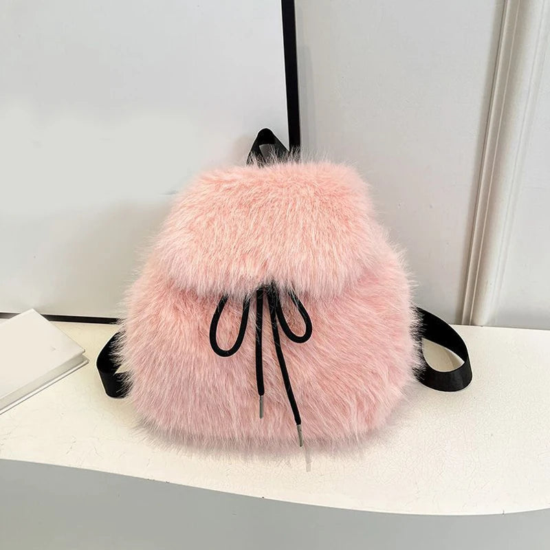 pink Color Women’s Plush Faux Fur Backpack With Softback Design