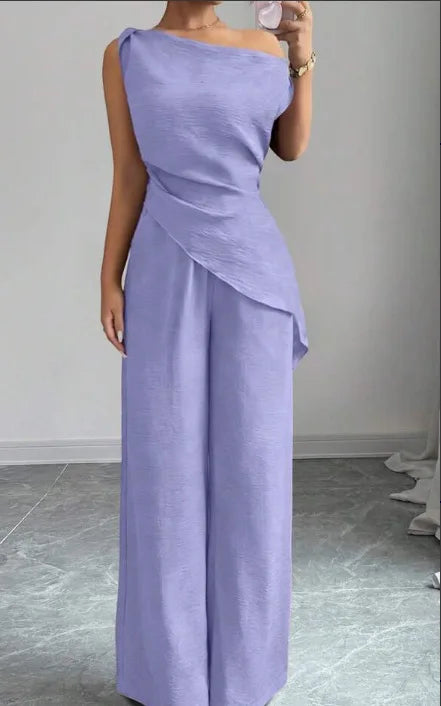 Purple Color One Shoulder Wide Leg Jumpsuit Set For Women
