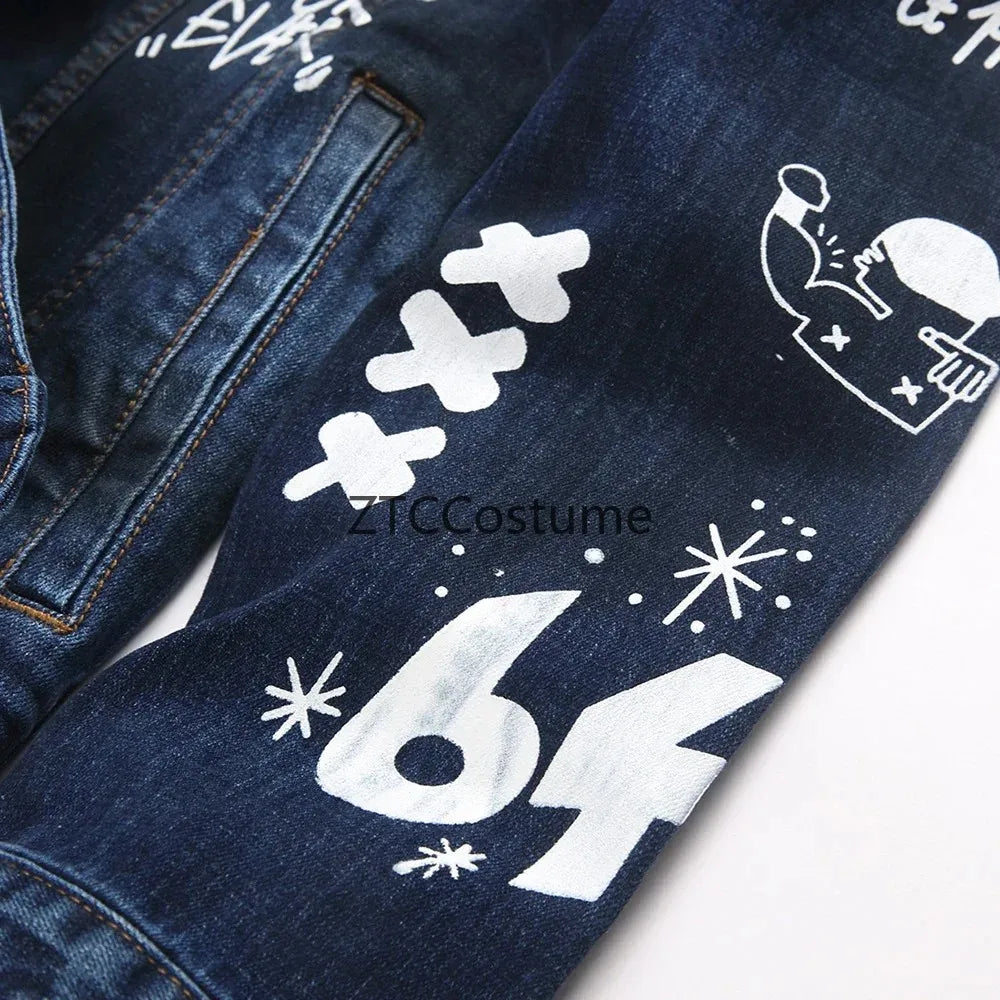 Men's Slim Fit Denim Jacket With Graffiti Print