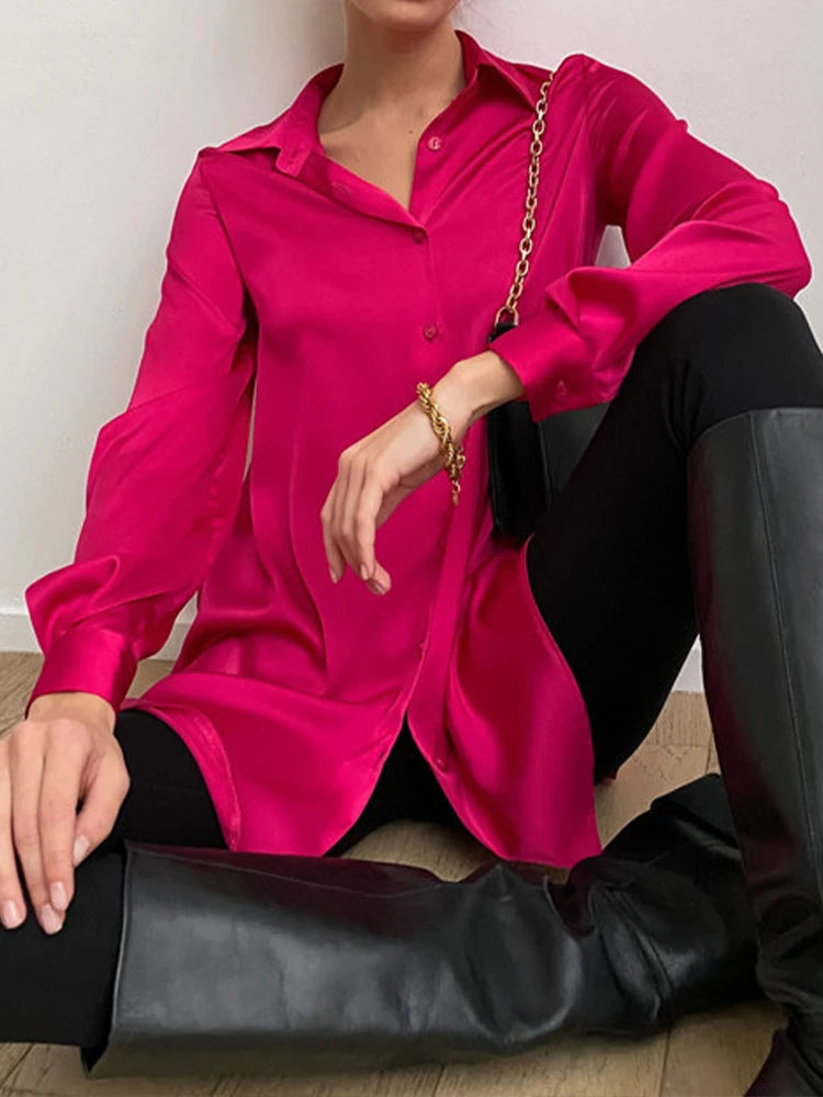 Women’s Satin Button-Up Blouse For Office Or Casual