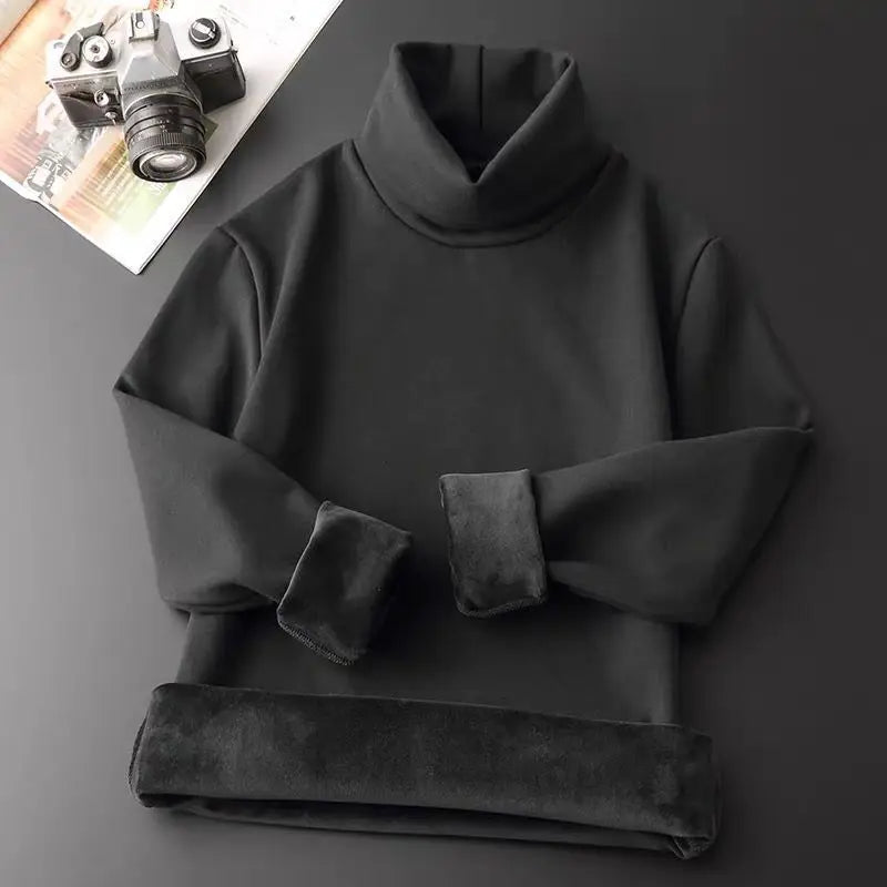 Black Color Men's Thick Fleece Turtleneck Knit Top For Winter