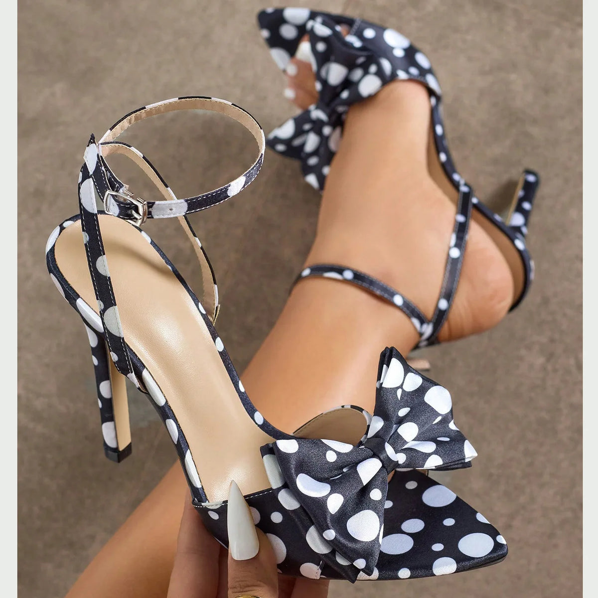 Women’s Polka Dot Bow High Heel Sandals Ankle Strap