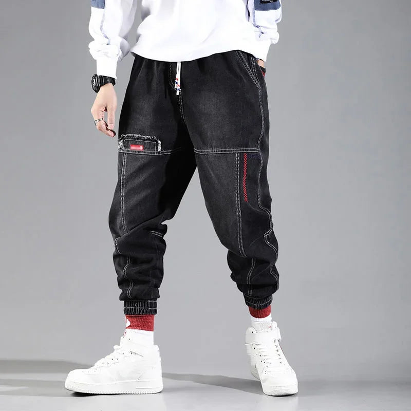 Men's Denim Cargo Jogger Pants Streetwear Elastic Waist