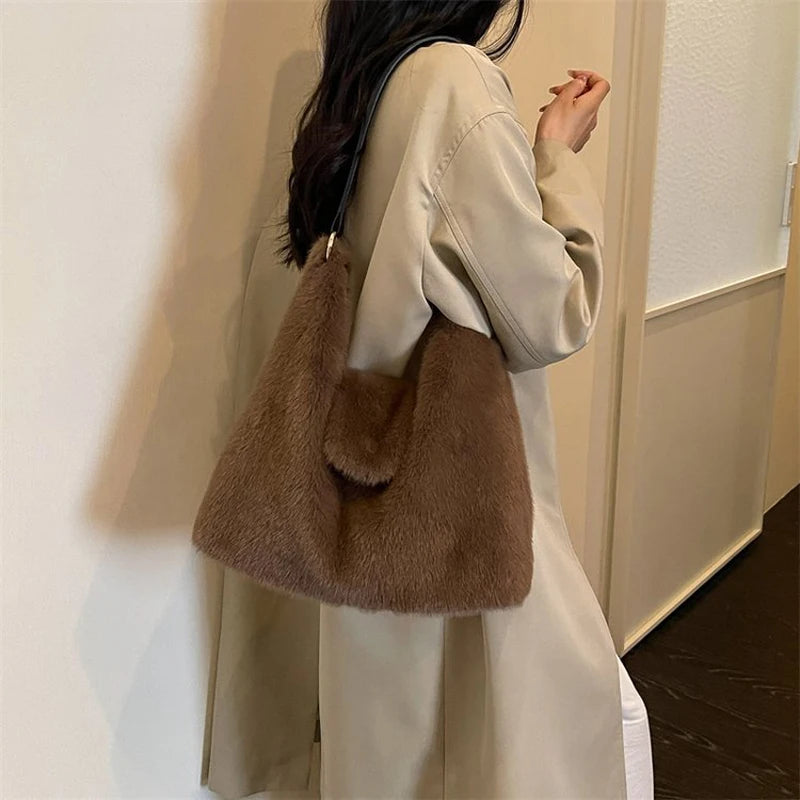 Faux Fur Shoulder Bag With Leather Handle Deer Print