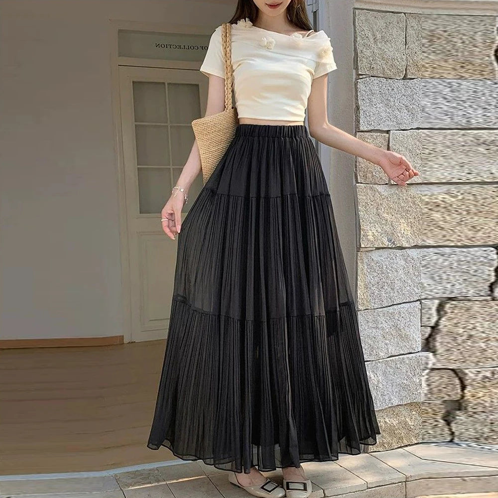 Women’s Pleated Chiffon A-Line Midi Skirt Elastic Waist