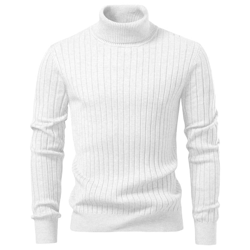 White Color Men's Striped Turtleneck Knit Sweater – Warm Casual
