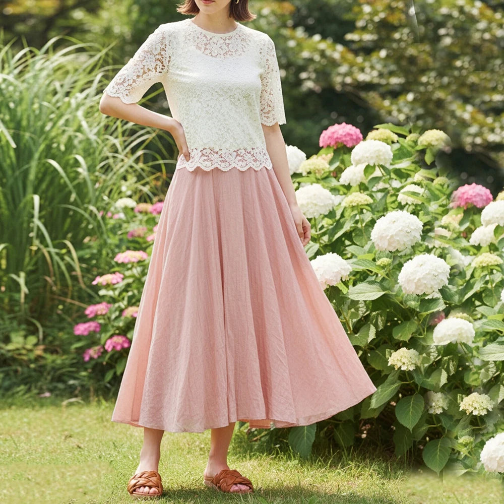 H432   Pink Color Women’s Pleated Chiffon A-Line Midi Skirt Elastic Waist