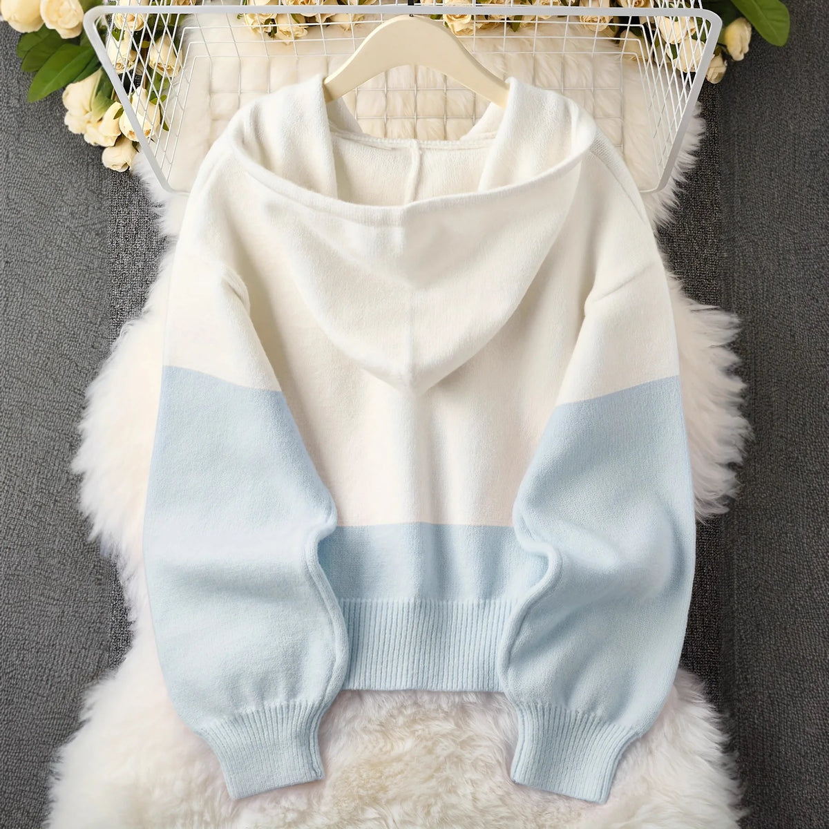 Women’s Hooded Knit Cardigan – Patchwork, Button Front