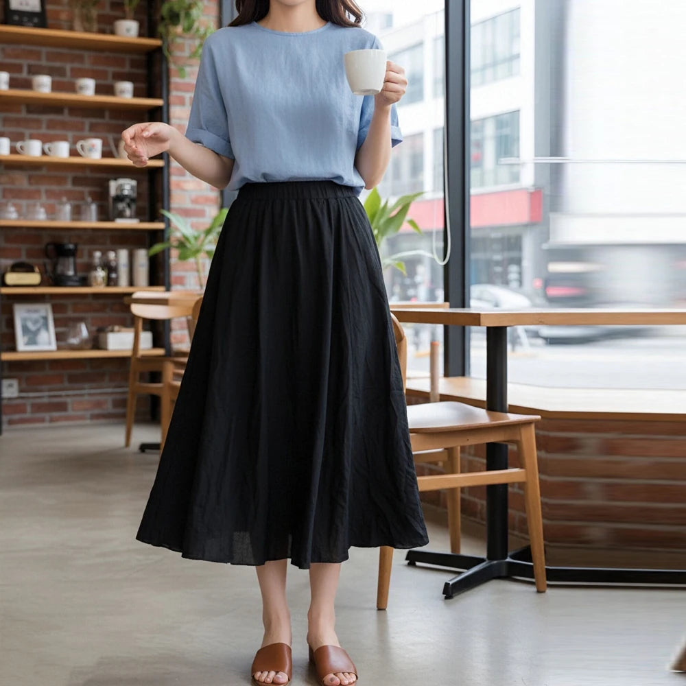 H432   Black Color Women’s Pleated Chiffon A-Line Midi Skirt Elastic Waist