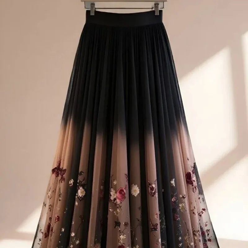 Women’s Gradient Chiffon Midi Skirt – Casual A-Line