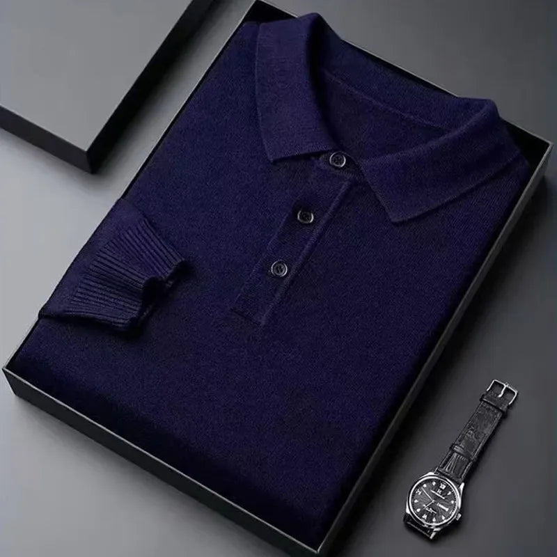 Navy Blue Color Men's Wool Knit Polo Sweater – Warm Autumn Winter Top