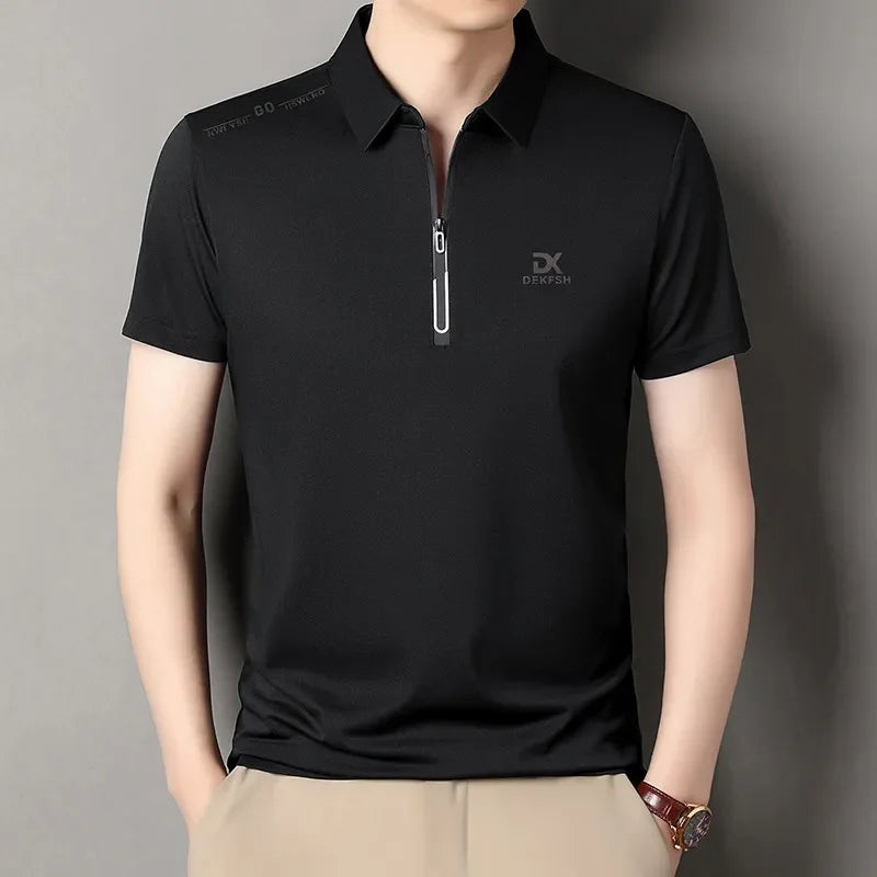 black Color Men's Casual Zipper Polo Shirt – Lightweight Summer Top