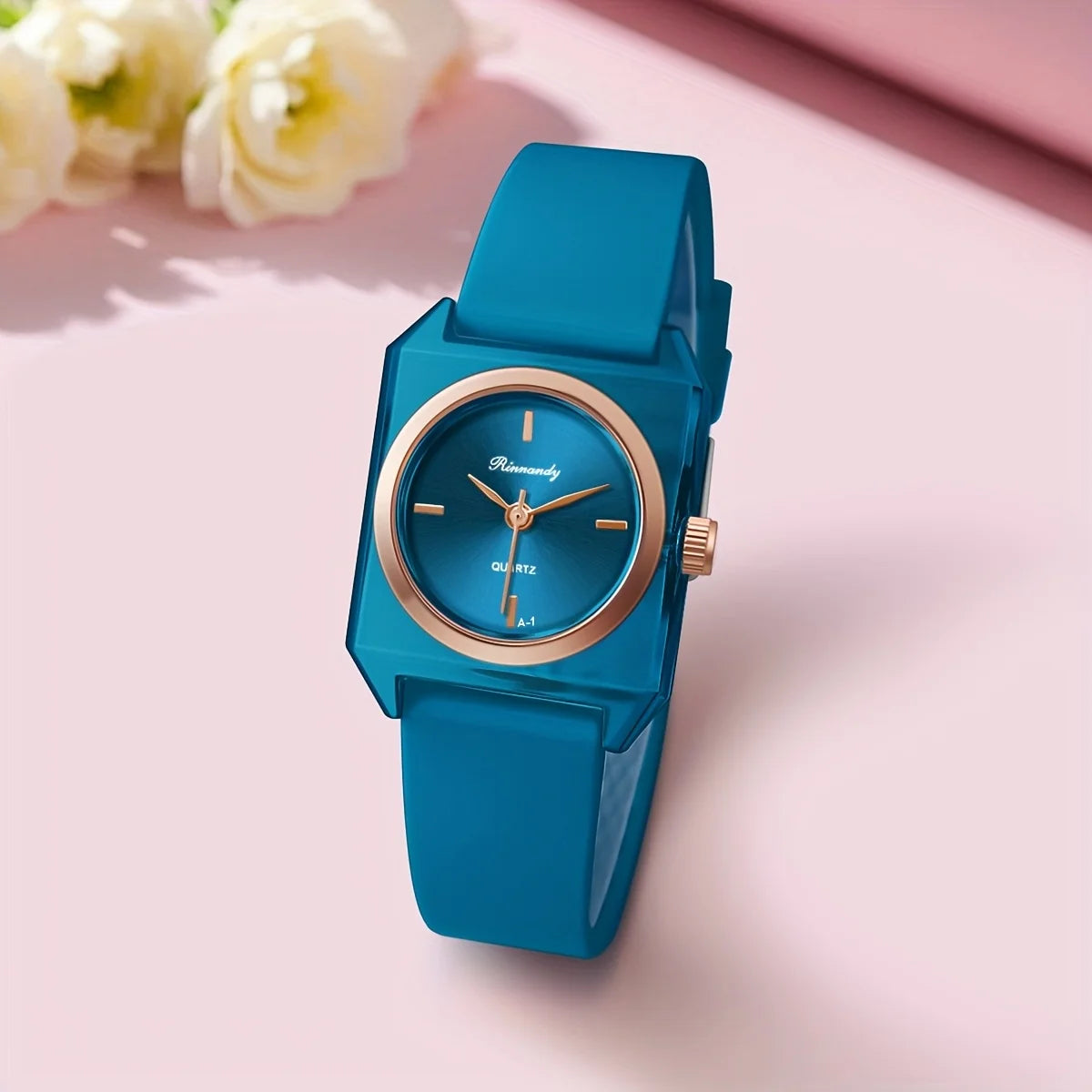 Blue Color Women’s Rectangle Quartz Watch with Soft Silicone Strap