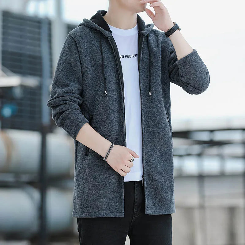 8826 Dark gray Color Men's Knit Hooded Cardigan Coat With Fleece Lining