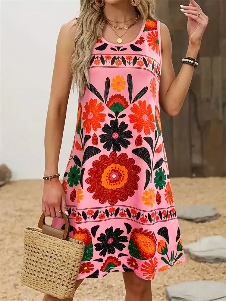 Women’s Floral Print Sleeveless Tank Dress, Knee-Length