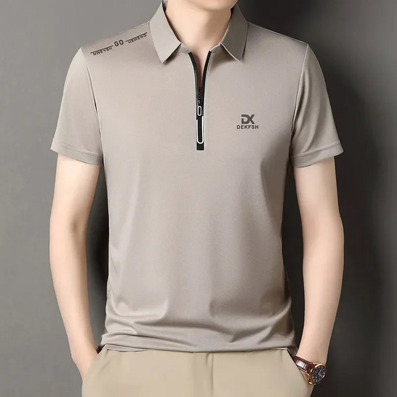 Beige Color Men's Casual Zipper Polo Shirt – Lightweight Summer Top