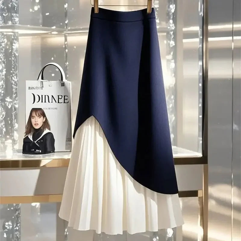 Women's Patchwork Pleated Midi Skirt High Waist Office
