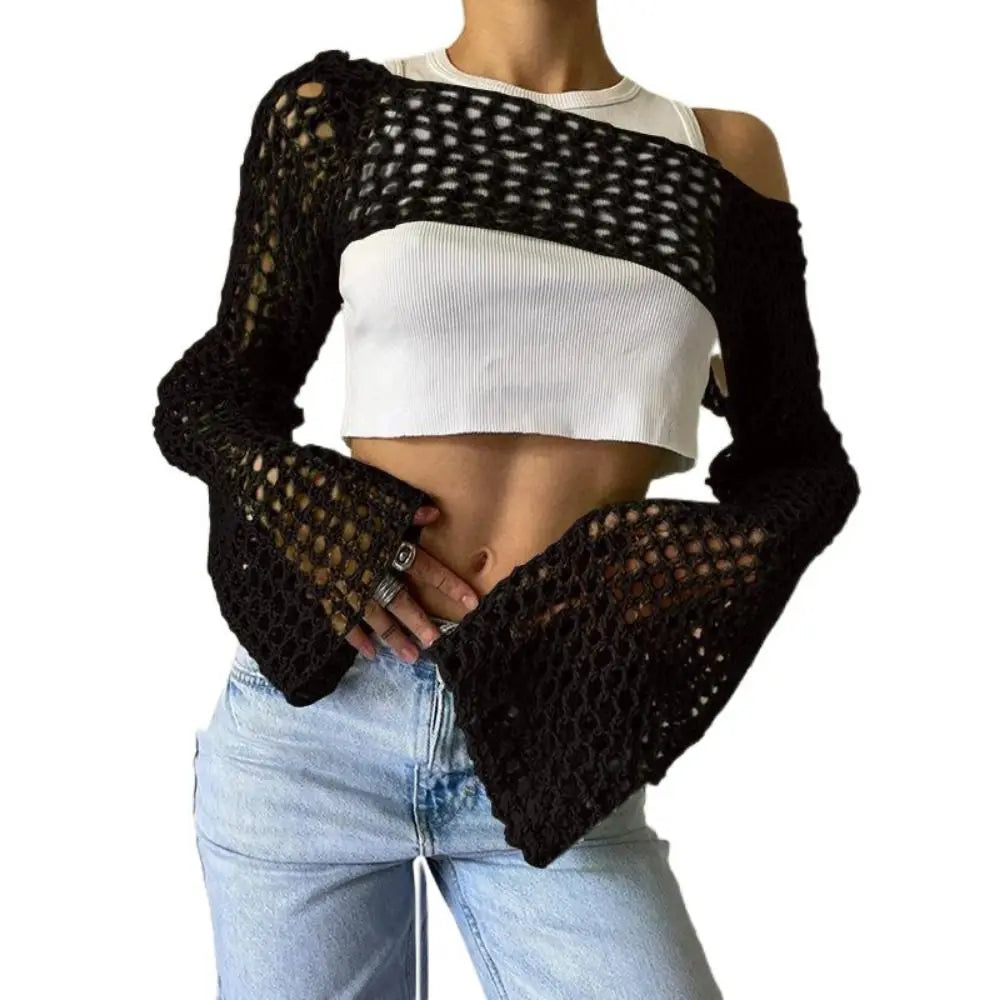 black Color Women’s Crochet Sleeve Shrug Sweater Crop Top