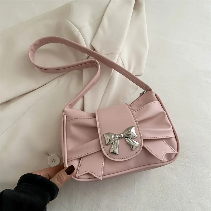Pink-Bow Color Bow Shoulder Underarm Bag For Women PU Saddle Handbag