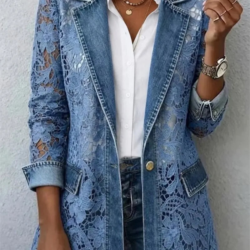 Women’s Lace Spliced Denim Blazer Jacket With Hollow Floral