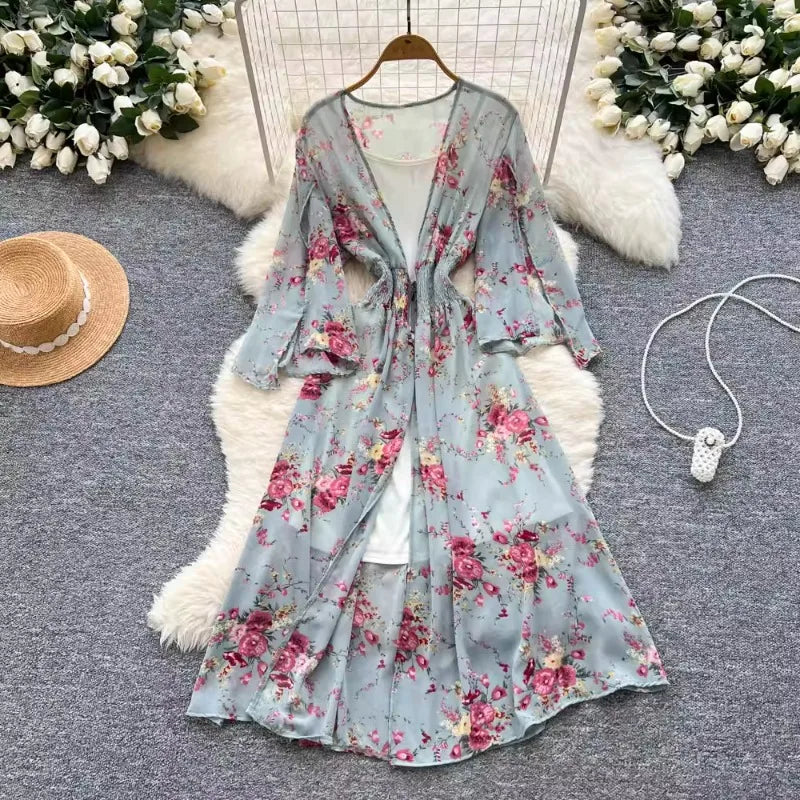 gray Color Women’s Floral Chiffon Two-Piece Midi Dress Set