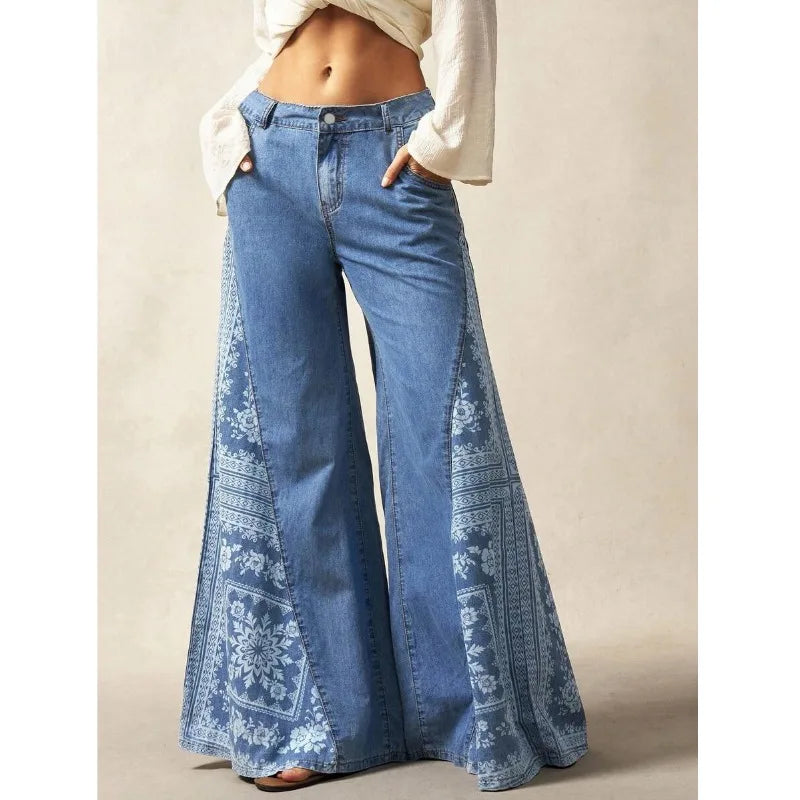 Women’s Floral Patchwork Flare Jeans Loose Wide Leg Denim