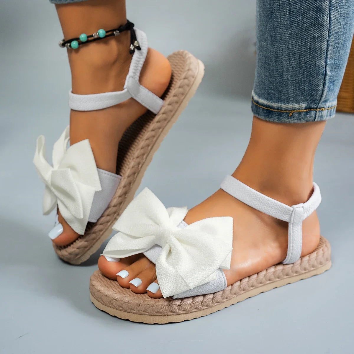 Women’s Flat Beach Sandals Slip-On With Bow Strap