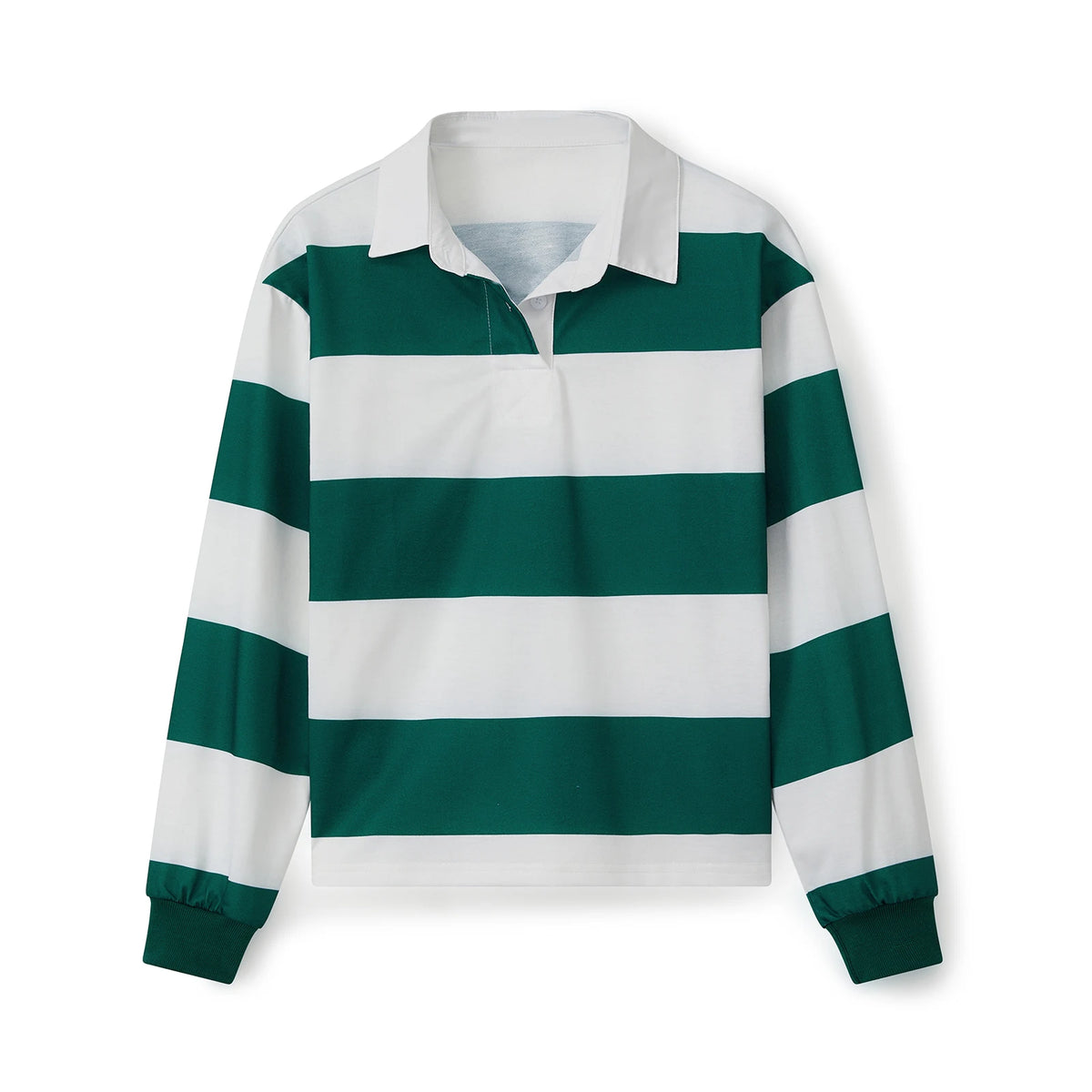 green Color Women’s Striped Turn-Down Collar Long Sleeve Tee