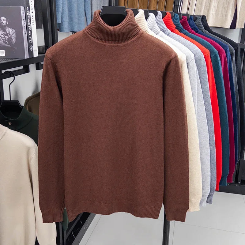 Coffee Color Men’s Knitted Turtleneck Sweater Slim Fit Pullover