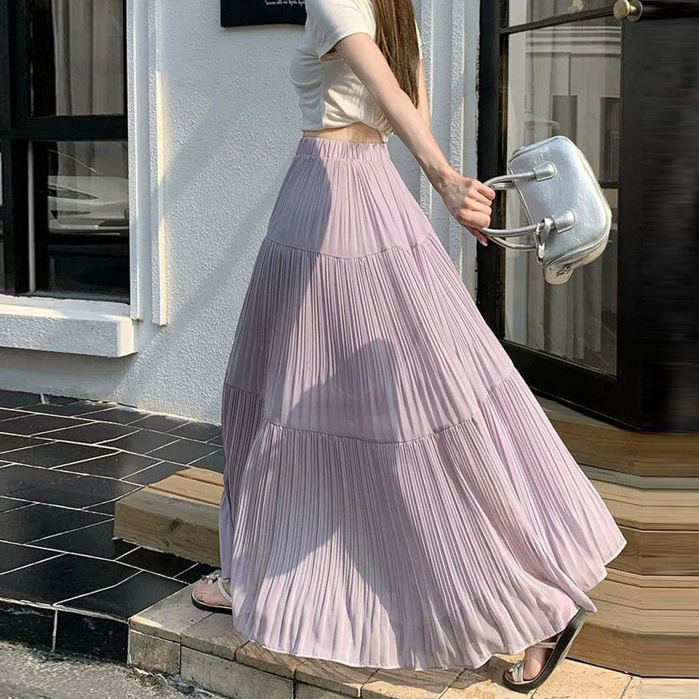 Women’s Pleated Chiffon A-Line Midi Skirt Elastic Waist