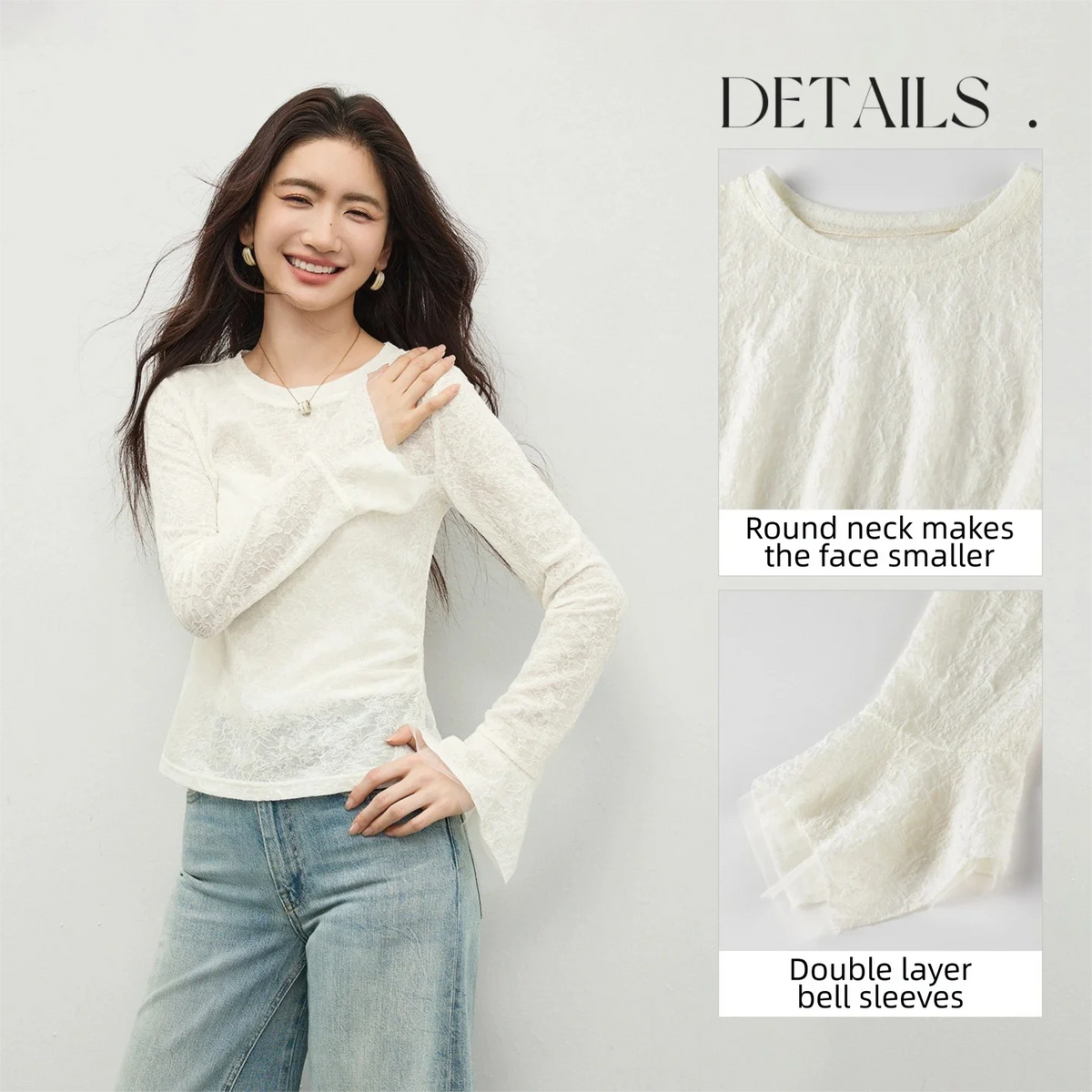 Women’s Lace Mesh T-Shirt Round Neck Flare Long Sleeves