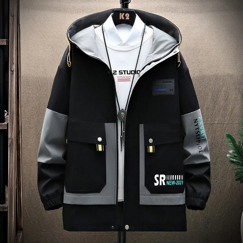 Men's Hooded Windbreaker Jacket – Casual Patchwork Style