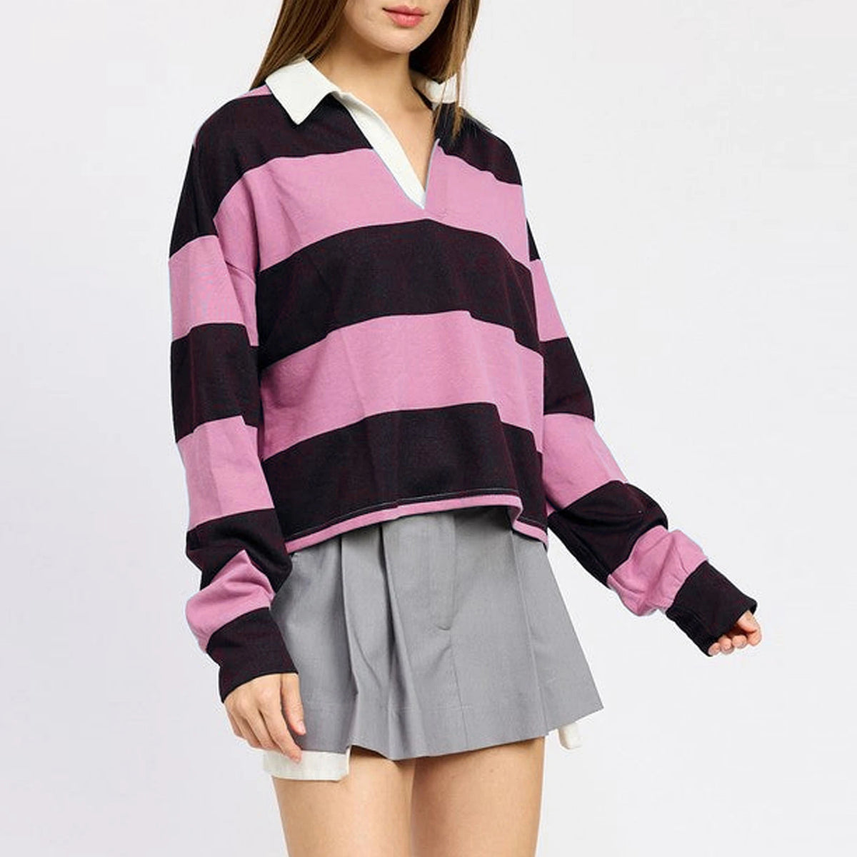 Women’s Striped Cropped Pullover Long Sleeve Top