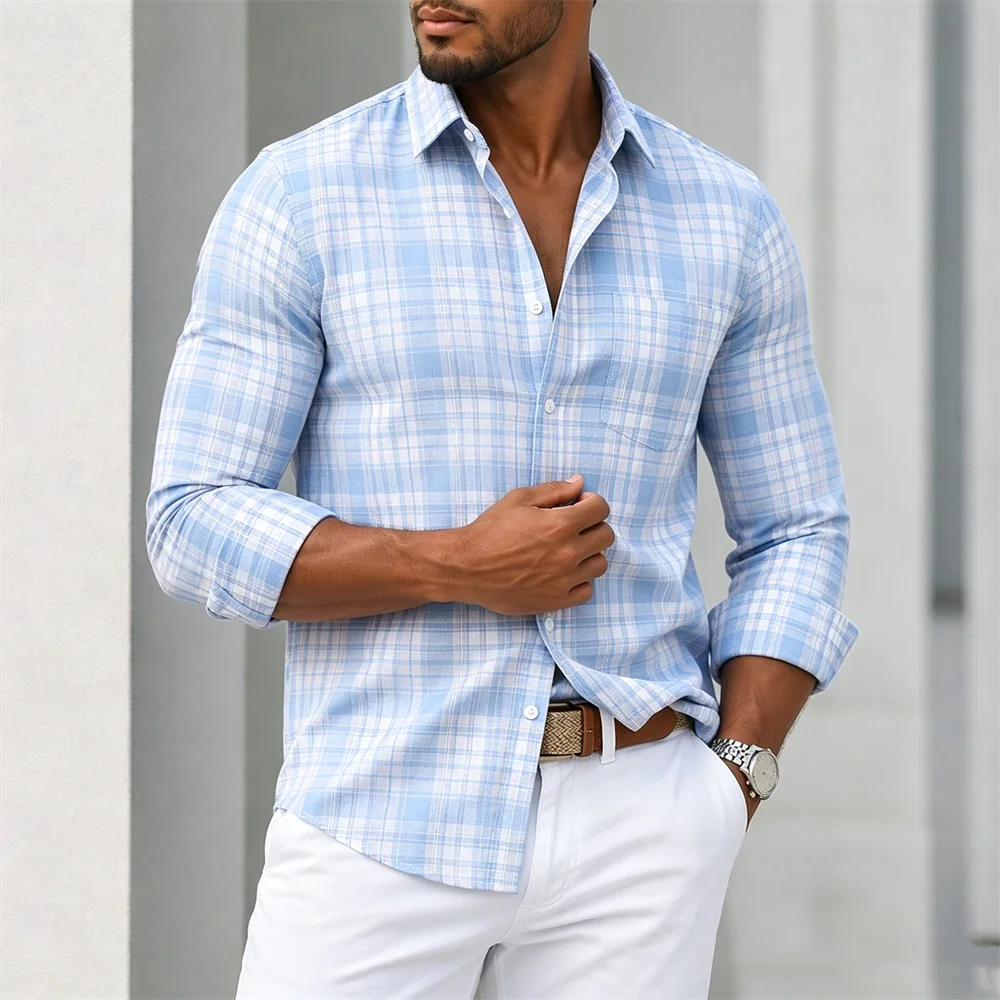 zw2044 Color Men’s Plaid Button-Down Shirt Casual Long Sleeve