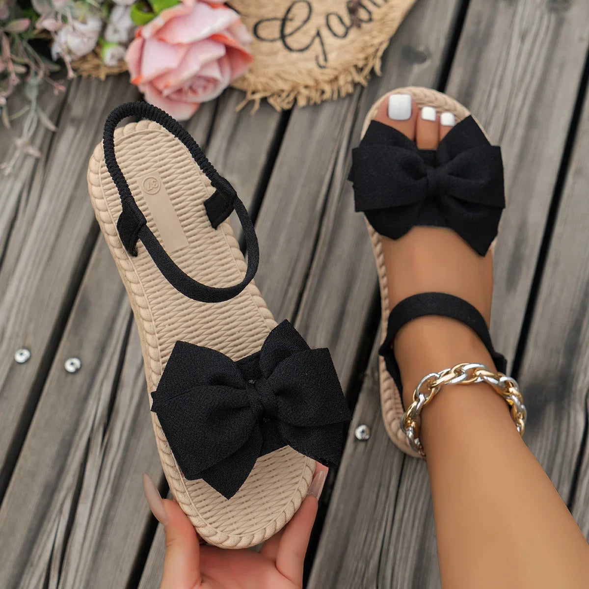 Women’s Flat Beach Sandals Slip-On With Bow Strap