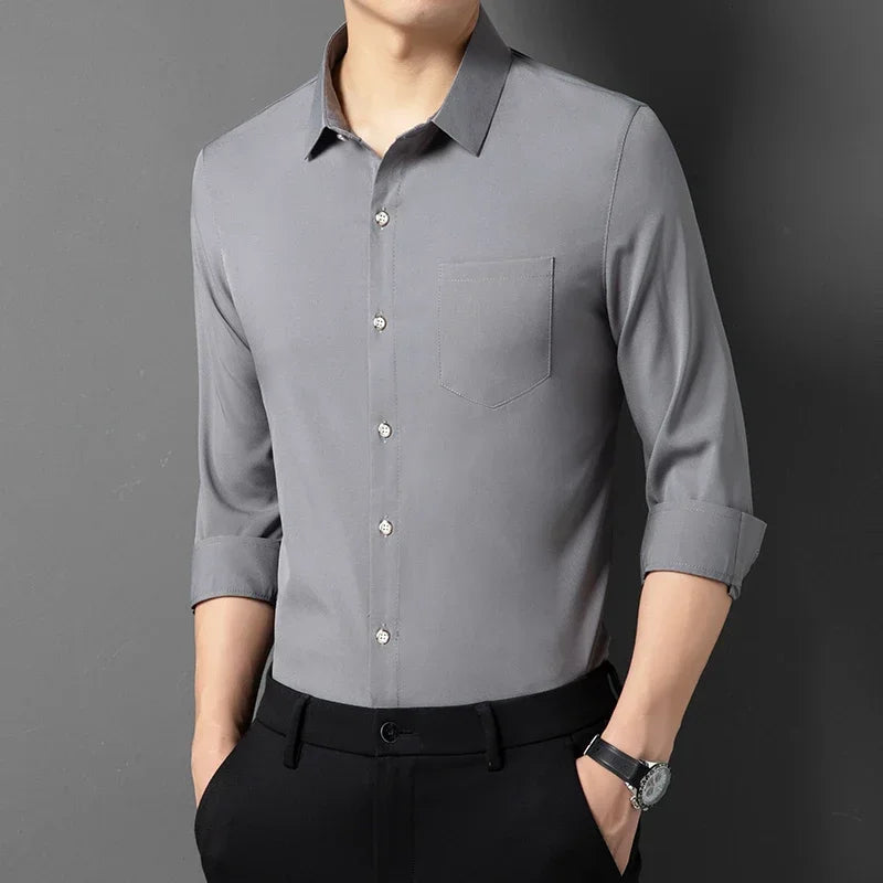 GRAY Color Men's Wrinkle-Resistant Long Sleeve Smart Casual Shirt