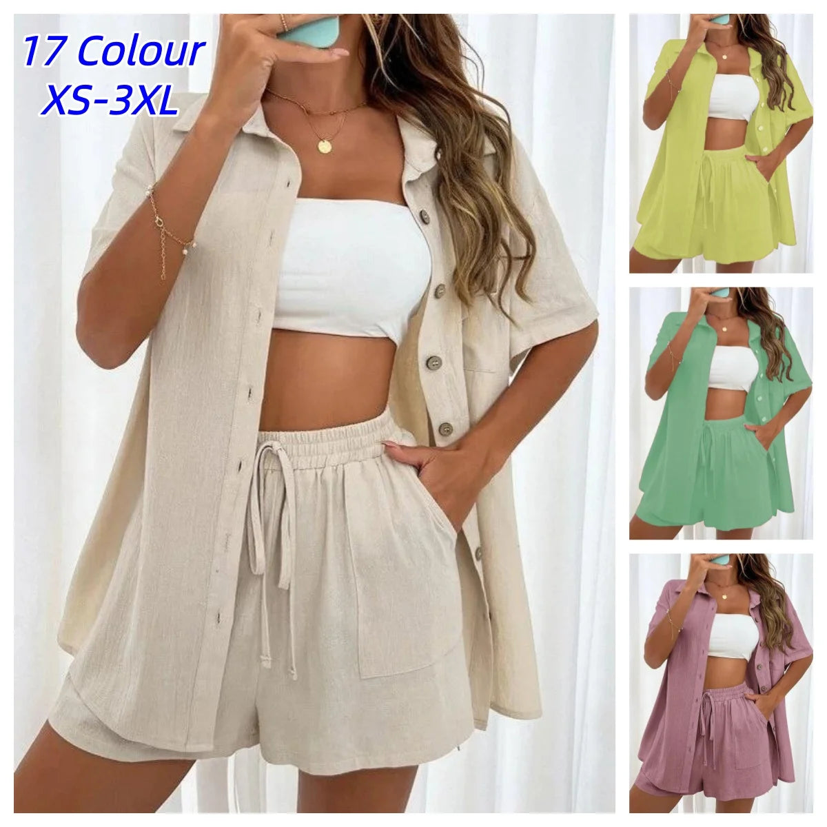 Women’s Casual Cotton-Linen Shirt and Shorts Set