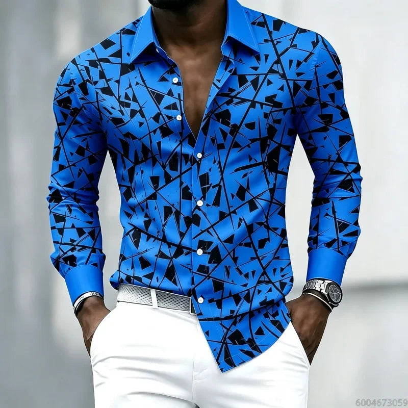 YCZWZW080798K Color Men's Geometric Print Lapel Shirt Casual Long Sleeve