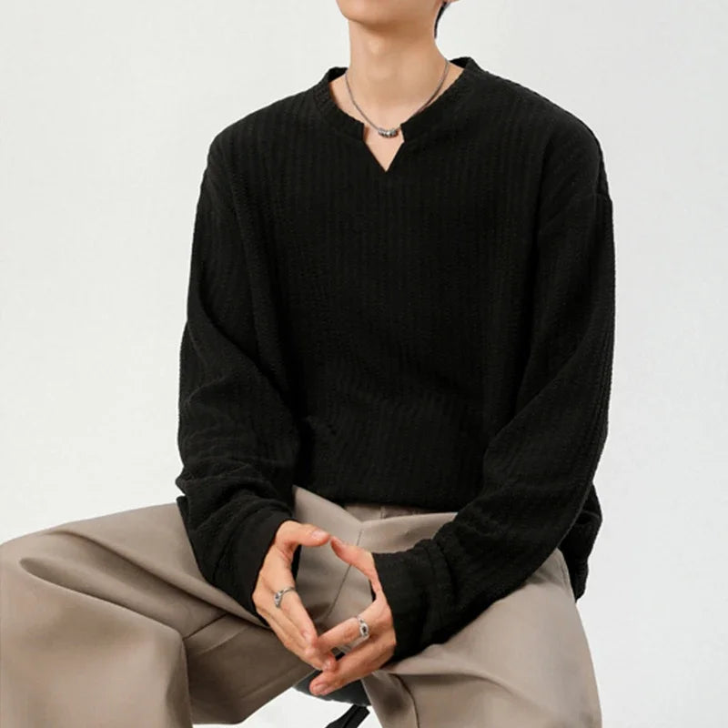 Men's Casual V-Neck Long Sleeve Textured Knit Tee