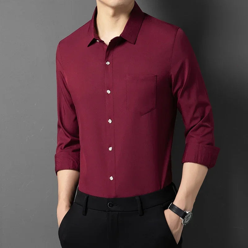 Red Color Men's Wrinkle-Resistant Long Sleeve Smart Casual Shirt