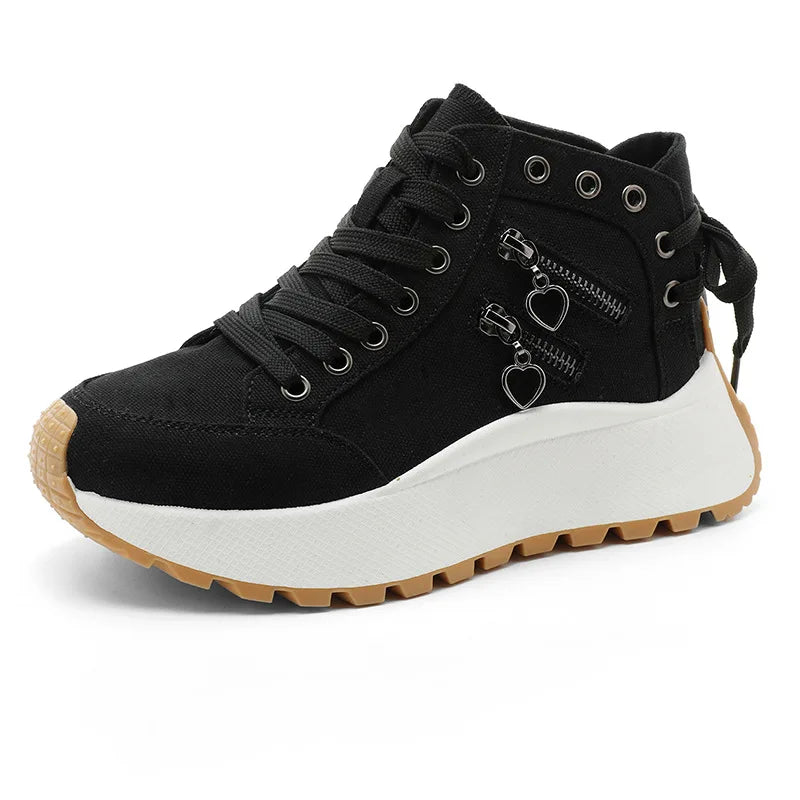 Black Color Women’s Chunky High Top Canvas Sneakers – Platform Sole