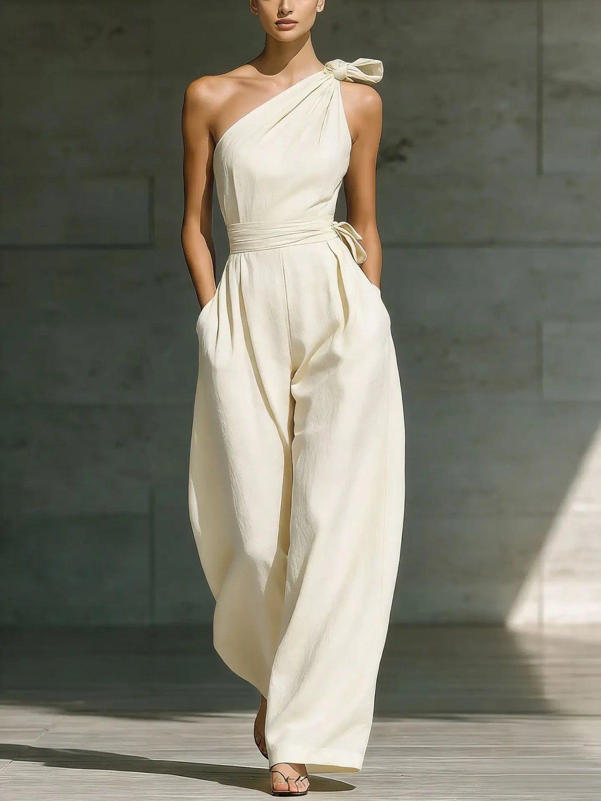 Creamy-white Color Women’s One-Shoulder Wide-Leg Jumpsuit With Sash Belt