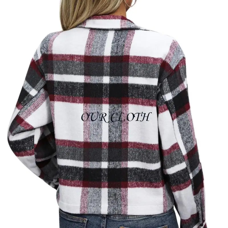 Women’s Plaid Wool Shacket Jacket – Button Down, Cropped