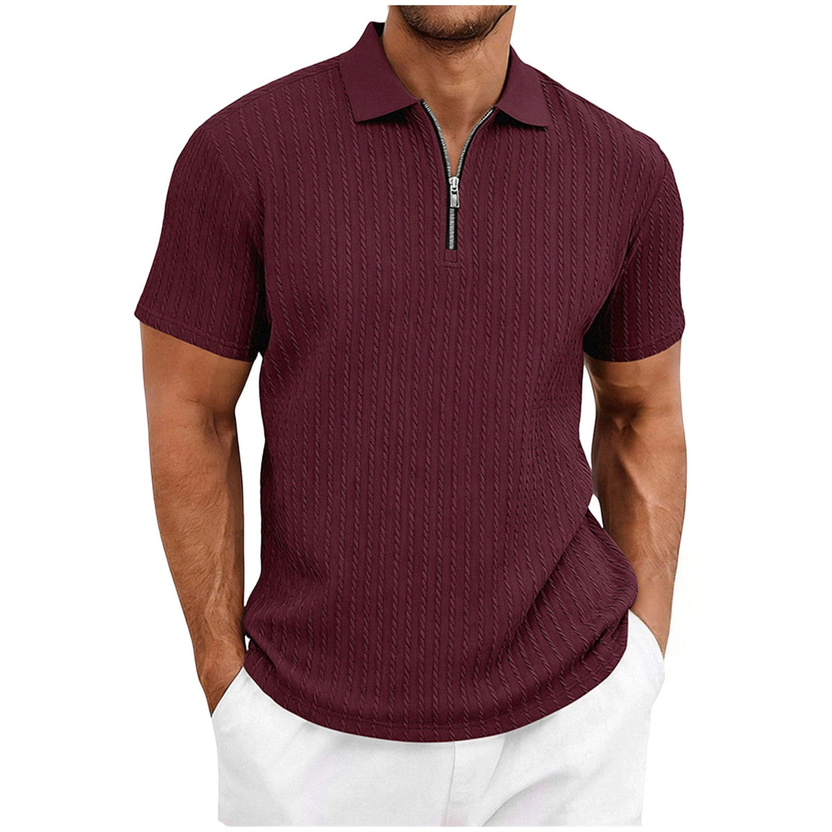 Wine Color Men's Textured Half Zip Casual Short Sleeve Shirt