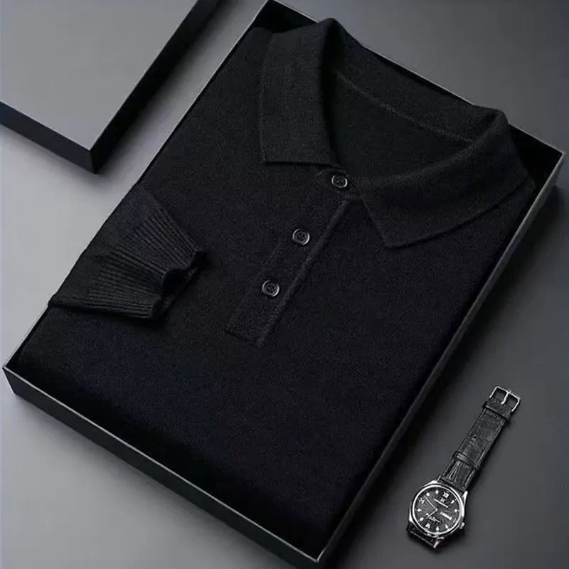 black Color Men's Wool Knit Polo Sweater – Warm Autumn Winter Top