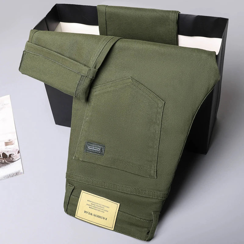 army green Color Men's White Straight Jeans Cotton Blend Business Casual