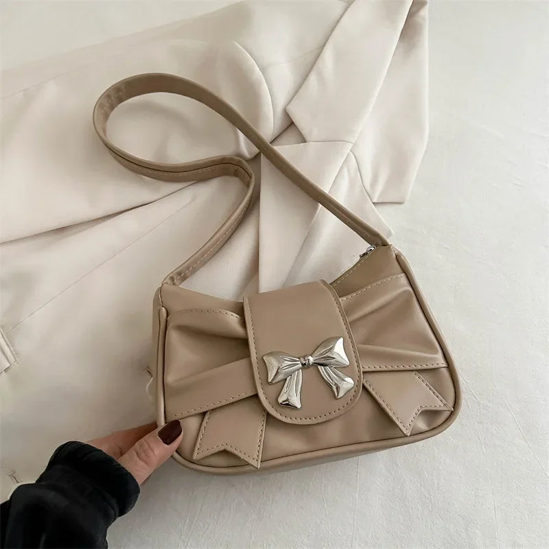 Khaki-Bow Color Bow Shoulder Underarm Bag For Women PU Saddle Handbag
