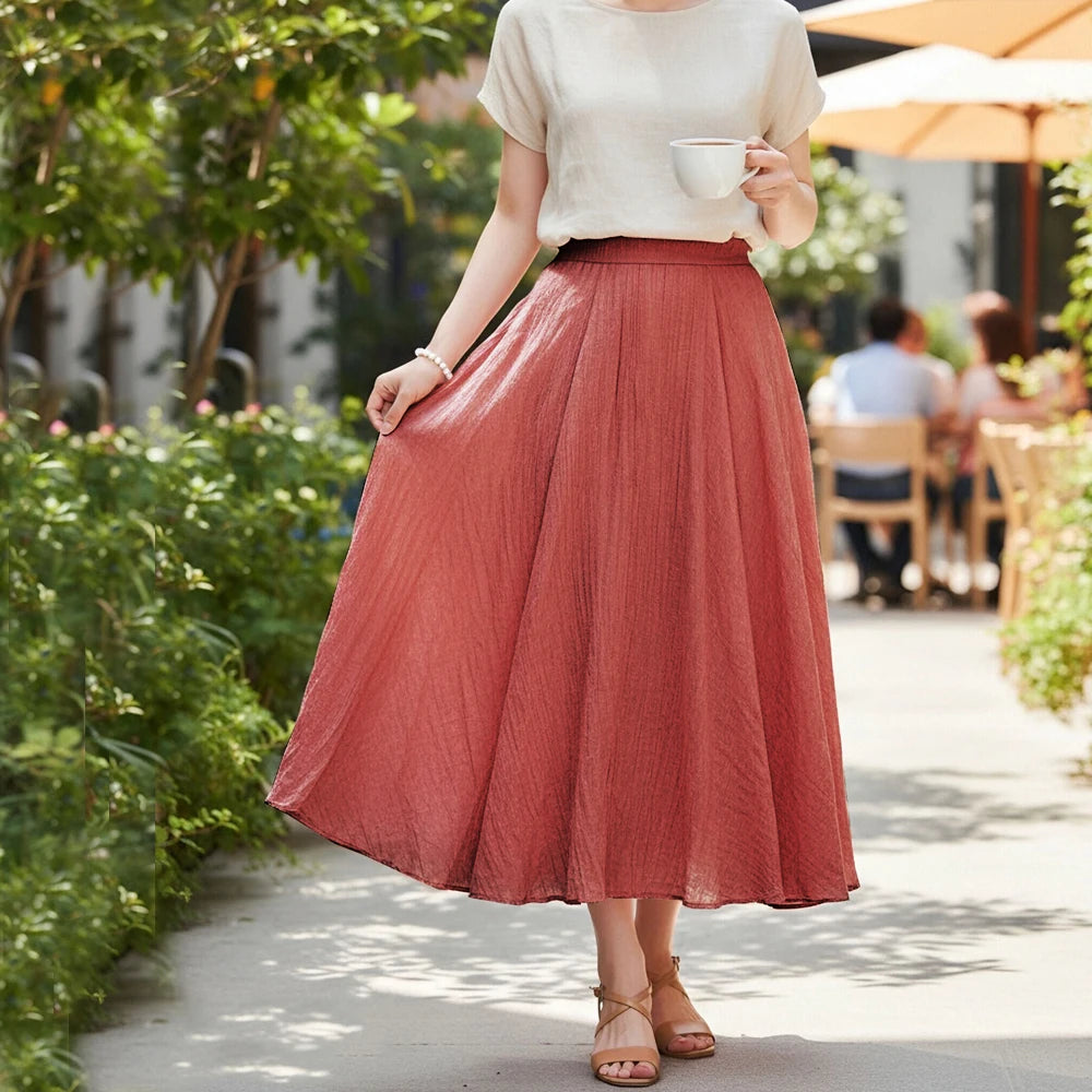 H432   Rust Color Women’s Pleated Chiffon A-Line Midi Skirt Elastic Waist