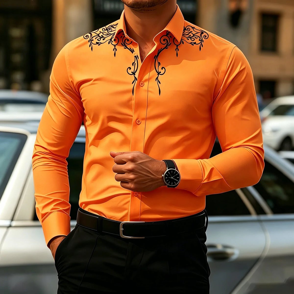 YCZWZW081238A Color Men's Retro Print Dress Shirt With Turn-Down Collar