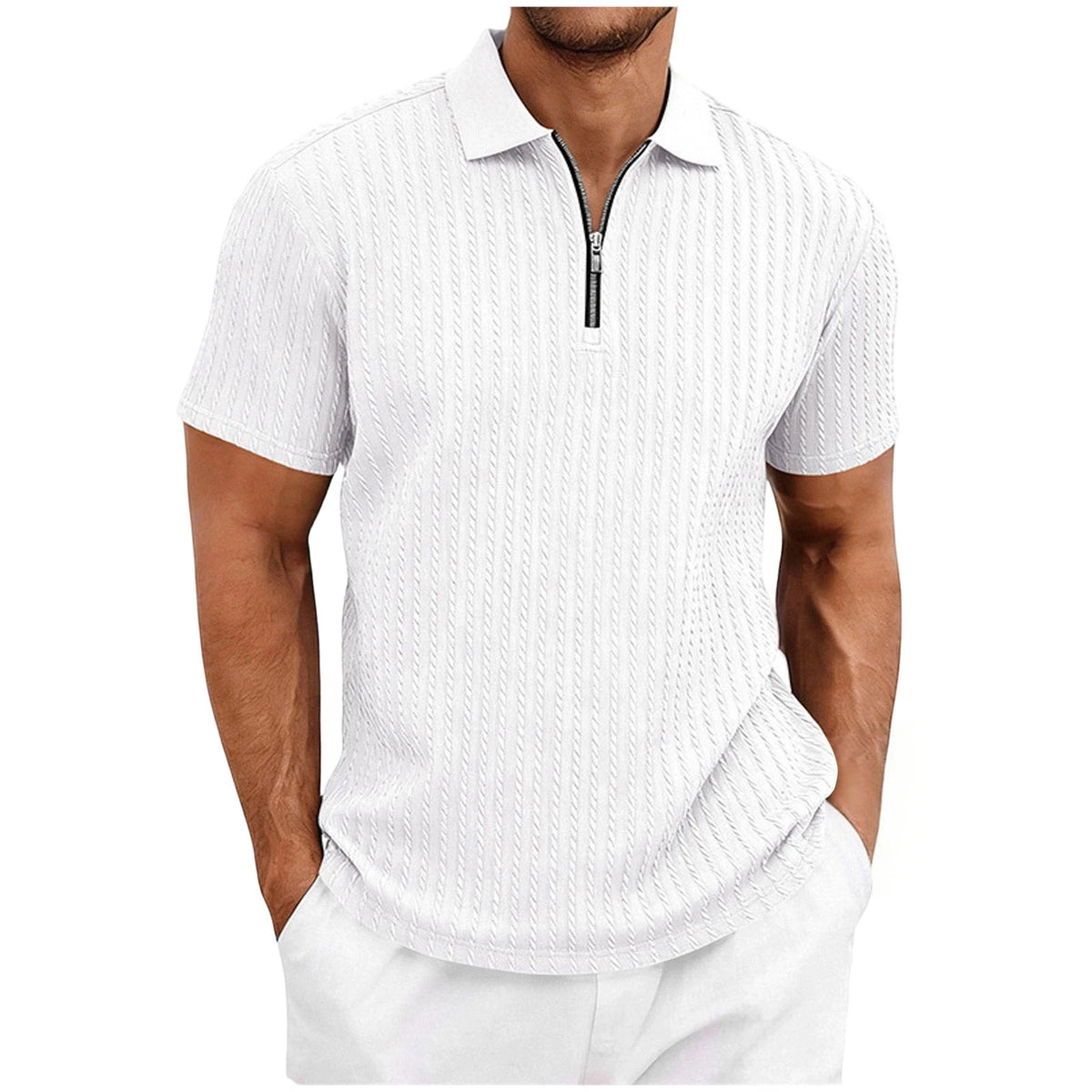 White Color Men’s Textured Half Zip Short Sleeve Casual Shirt